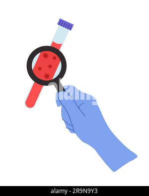 Vektordarstellung von Händen, die Handschuhe tragen und das Coronavirus-Teströhrchen mit einer Blutprobe oder einem Virus-Impfstoff halten. Medizinisches Konzept der Coronavirus-Krankheit 2 Stock Vektor