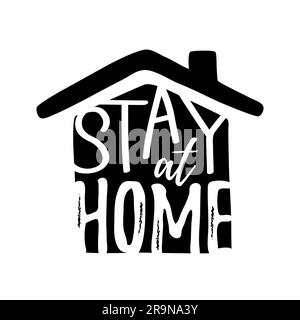 Vektordarstellung von Haus und Haus-zu-Haus-Schriftzug isoliert auf weiß. Trendiger Aufkleber, Zeichen, Symbol oder Symbol für Selbstquarantäne aufgrund von COR Stock Vektor