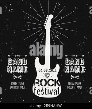 Vektor-Gitarrenetikett mit Sonnenschein-, Diamanten- und Typographieelementen. Grunge Rock and Roll Poster. Design-Vorlage für Rockfestival mit Platz für Stock Vektor