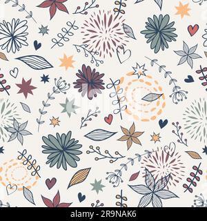 Vektorniedliches, nahtloses Blumenmuster mit Blumen, Blättern, Herzen. Kann für Sammelalben, Hintergrundbilder, Musterfüllungen, Webseiten-Hintergründe, Surfbretter verwendet werden Stock Vektor