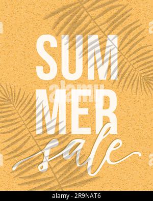 Vector-Banner für Sommerangebote mit realistischen Palmenblattschattierungen auf Sandhintergrund. Illustration mit trendigen, transparenten Schattenüberlagerungen. Stock Vektor