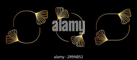 Vektorset aus goldenen Rahmen mit Ginkgo Biloba-Blättern im trendigen linearen Stil, isoliert auf schwarzem Hintergrund. Emblem, Badge, Symbol oder Logo-Vorlage für CO Stock Vektor