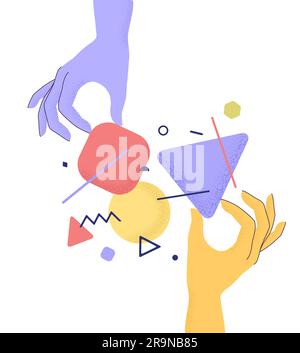 Vektordarstellung menschlicher Cartoon-Hände mit abstrakten geometrischen Elementen und trendigen, körnigen, strukturierten Schatten. Konzept von Idee, Lösung, Forschung, Stock Vektor