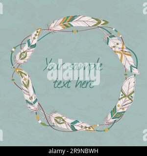 Dekorativer Vektorrahmen mit Federn, Fäden und Perlen Stock Vektor