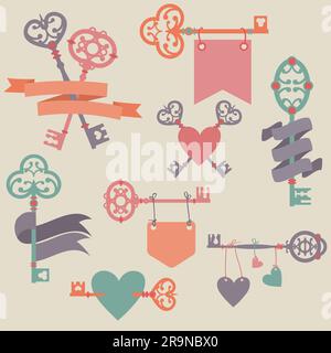 Vektorset mit klassischen Schlüsseln, Bändern und Herzen. Kann für Hochzeiten, Valentinstag-Grußkarten, Einladungen verwendet werden. Stock Vektor