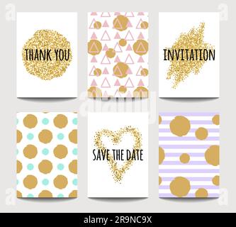 Vektorset mit Liebeskarten für die Hochzeit und den Valentinstag mit goldenen Glitzereffekten. Einladungs-, Grußkarten-, Poster-Design-Vorlagen. Stock Vektor