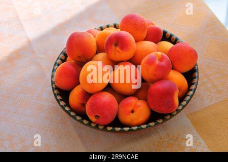 Aprikosen in Tonplatte auf Holzhintergrund. Reife Aprikosen in rustikaler Schüssel. Stockfoto