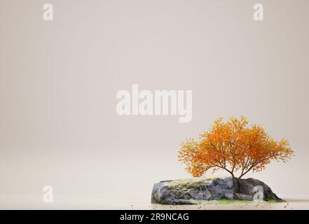 Herbstbaum und Felsen isoliert auf blauem Hintergrund. Minimales Konzept mit Platz zum Kopieren. 3D-Rendering. 3D Abbildung Stockfoto