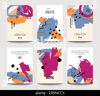 Trendige Vektorbroschüren-Vorlagen mit chaotischen, handgezeichneten geometrischen Pinselelementen. Modernes minimalistisches Design für Poster, Banner, Titelpräsentation, Stock Vektor