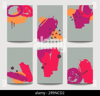 Trendige Vektorbroschüren-Vorlagen mit chaotischen, handgezeichneten geometrischen Pinselelementen. Modernes minimalistisches Design für Poster, Banner, Titelpräsentation, Stock Vektor