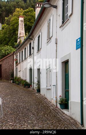 Straße einer kleinen Stadt in Portugal, wo Sie die typischen weißen Wände, Türen und Balkone sehen können Stockfoto