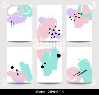 Trendige Vektorbroschüren-Vorlagen mit chaotischen, handgezeichneten geometrischen Pinselelementen. Modernes minimalistisches Design für Poster, Banner, Titelpräsentation, Stock Vektor
