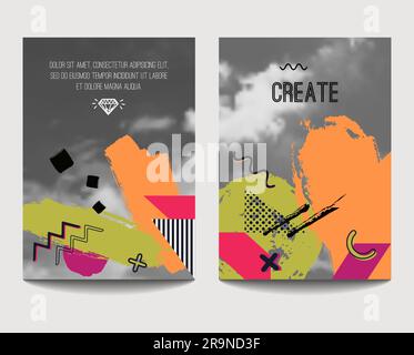 Vektorvorlagen für trendige Broschüren mit chaotischen, handgezeichneten geometrischen Elementen mit unscharfem Hintergrund. Modernes minimalistisches Design für Poster, Bann Stock Vektor