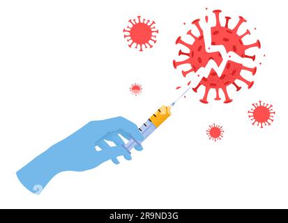 Vektordarstellung der Arzthand mit medizinischer Handschuh-Spritze und Injektion zur Abwehr des Coronavirus. Impfkonzept, Coronavirus, Stock Vektor