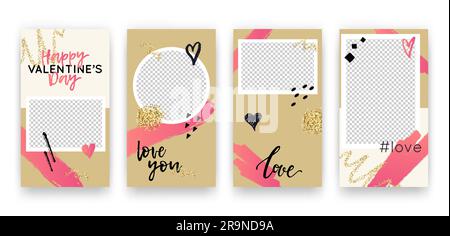 Vektorset mit modischen editierbaren Vorlagen für Geschichten aus sozialen Netzwerken. Valentinstag Moderne Banner mit Herzen und Sätzen Stock Vektor
