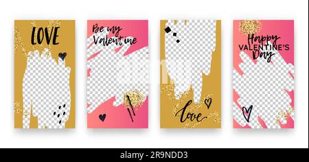 Vektorset mit modischen editierbaren Vorlagen für Geschichten aus sozialen Netzwerken. Valentinstag Moderne Banner mit Herzen und Sätzen Stock Vektor