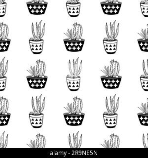 Vektorschwarz-weiß nahtloses Muster mit Kakteen und Sukkulenten in Töpfen. Modernes skandinavisches Design Stock Vektor