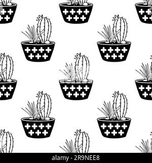 Vektorschwarz-weiß nahtloses Muster mit Kakteen und Sukkulenten in Töpfen. Modernes skandinavisches Design Stock Vektor