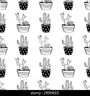 Vektorschwarz-weiß nahtloses Muster mit Kakteen und Sukkulenten in Töpfen. Modernes skandinavisches Design Stock Vektor