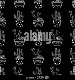 Vektorschwarz-weiß nahtloses Muster mit Kakteen und Sukkulenten in Töpfen. Modernes skandinavisches Design Stock Vektor