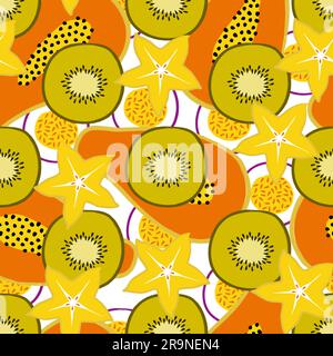 Vektor tropisches nahtloses Muster mit exotischen geschnittenen Früchten: Papaya, Kiwi, Karambolen, Passionsfrucht. Trendiges Sommerdesign für Textil, Poster, Banner Stock Vektor