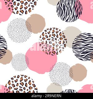 Vektor-Zebra und Leoparden mit nahtlosem geometrischem Muster und runden Elementen. Farbenfroher Tierdruck Stock Vektor