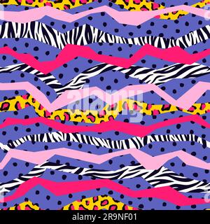 Vektor-Zebra- und Leopardendesign mit geometrischem Muster und Streifen. Farbenfroher Tierdruck Stock Vektor