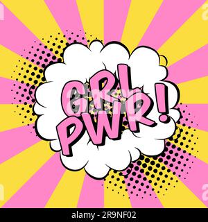 Vektor-Comics-Illustration mit Sprechblase und Slogan Girl Power. Trendiger Cartoon-Hintergrund mit gepunktetem Halbtoneffekt im modernen Pop-Art-Stil Stock Vektor