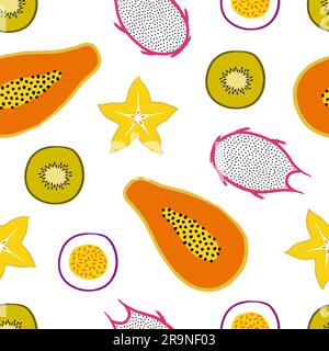 Tropisches Nahtmuster mit exotischen Früchten: Papaya, Kiwi, Pitaya, Karambola, Passionsfrucht. Trendiges Sommerdesign für Textil, Poster, Stock Vektor