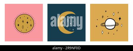 Vektorsammlung mystischer und geheimnisvoller Karten im handgezeichneten Stil. Weltraumobjekte, Zauberkugel, Kristalle. Minimalistische Illustrationen für Logo, embl Stock Vektor