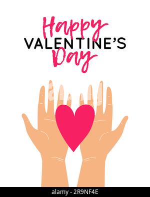 Vektordarstellung mit zwei Händen, die das Herz halten. „Happy Valentine's Day“-Grußkartendesign Stock Vektor