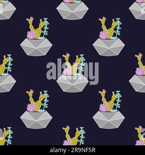 Vektorfarbenfrohes handgezeichnetes nahtloses Muster mit Kakteen und Sukkulenten in geometrischen Töpfen. Modernes skandinavisches Design Stock Vektor