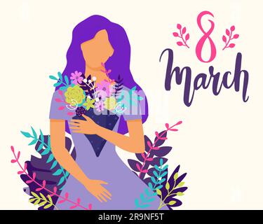 Vector Happy 8 März Illustration mit wunderschöner Frau mit Blumenstrauß. Trendige Grußkarte zum Internationalen Frauentag, Poster, Flyer. Stock Vektor