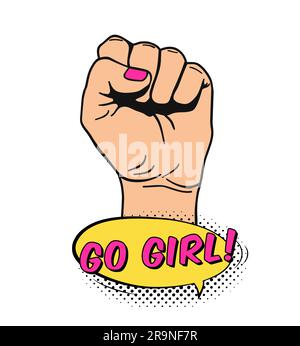 Vektordarstellung der erhabenen Frauenfaust im Pop-Art-Comic-Stil. Plakat mit Frauenrechten und Solidarität, Feminismus, Protest, Rebellen, Stock Vektor