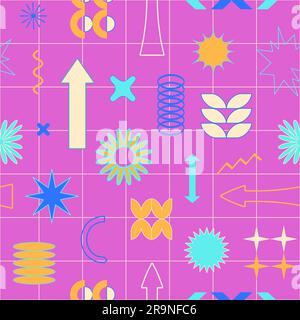 Vector trendy Abstraktes retrowave nahtloses Muster mit geometrischen Formen von memphis. Pop-Art-Hintergrund im Retro-Stil der 90s Jahre in modernem, zeitgenössischem Stil für Pa Stock Vektor