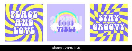 Vector Abstract Retro 60s, 70s Hippie-ästhetische Hintergründe mit groovy Blumen, inspirierenden Sätzen. Vintage-Illustrationen für die Mode Stock Vektor