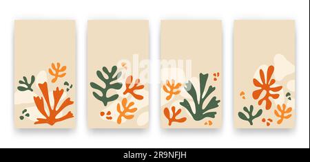 Vektorset von Social-Media-Storyvorlagen mit trendigen, zeitgenössischen ästhetischen handgezeichneten abstrakten Blättern und fließenden Formen. Hintergründe mit Cre Stock Vektor