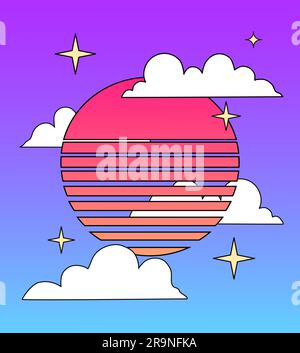 Vektordarstellung von Retro-Sonne, Wolken, Sternen im Stil der 80er Jahre. RetroWave, Synthwave futuristischer Hintergrund mit Sonnenuntergang. Trendiges Design für Sci-Fi und Cyber Stock Vektor