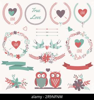Romantisches Vektorset mit Blumensträußen, Vögeln, Herzen, Pfeilen, Bändern, Kränze, Blumen, Schleifen, Lorbeer und Eulen in Liebe. Kann am Valentinstag oder verwendet werden Stock Vektor