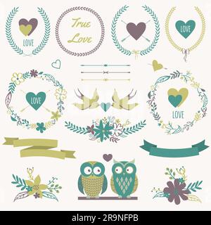 Romantisches Vektorset mit Blumensträußen, Vögeln, Herzen, Pfeilen, Bändern, Kränze, Blumen, Schleifen, Lorbeer und Eulen in Liebe. Kann am Valentinstag oder verwendet werden Stock Vektor