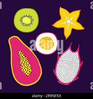 Tropisches Vektorset mit exotischen Früchten: Papaya, Kiwi, Pitaya, Karambola, Passionsfrucht. Trendiges Sommerdesign für Textil, Poster, Banner, Aufdruck Stock Vektor
