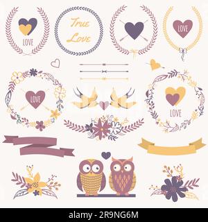 Romantisches Vektorset mit Blumensträußen, Vögeln, Herzen, Pfeilen, Bändern, Kränze, Blumen, Schleifen, Lorbeer und Eulen in Liebe. Kann am Valentinstag oder verwendet werden Stock Vektor