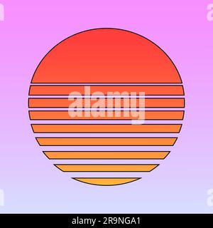 Vektordarstellung der Retro-Sonne im Stil der 80er Jahre. RetroWave, Synthwave futuristischer Hintergrund mit Sonnenuntergang. Trendiges Design für Sci-Fi, Cyber Abstract poste Stock Vektor