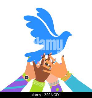 Vektordarstellung menschlicher Hände mit fliegender Vogeltaube als Friedenssymbol isoliert auf weißem Hintergrund. Internationaler Friedenstag Stock Vektor