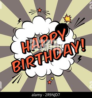 Vector Happy Birthday Grußkarte im Comic-Stil. Trendige Pop-Art-Illustration mit Sprechblase, Strahlen und Bombenexplosion. Stock Vektor