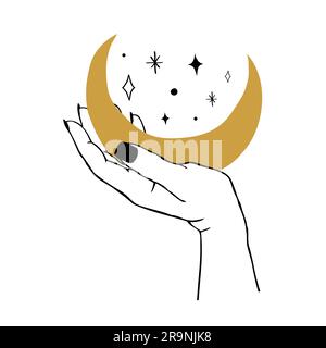 Vektordarstellung der Frauenhand, die Mond und Sterne hält. Trendiger, linearer und minimalistischer Boho-Tattoo-Stil mit Logo, Emblem, T-Shirt-Modedruck und Stab Stock Vektor