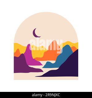 Vector abstrakte zeitgenössische ästhetische Hintergrundlandschaft mit Bergen, Sonnenuntergang und Sonnenaufgang. Flache Einrichtung mit strukturiertem Boho-Wanddruck. Mitte des Jahrhunderts Stock Vektor