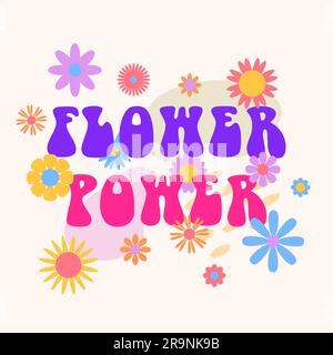 Vector trendy lustig abstrakt Retro 60s, 70s Hippie groovy Illustration Blume Power mit Blumen für Modekunstdruck, Poster oder Karte Stock Vektor