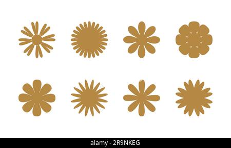 Ein Vektorset mit einfachen Hippie-Blumen-Ikonen, Symbolen. Abstrakte Designelemente in modernem minimalistischem Stil für Branding, soziale Medien, Stock Vektor