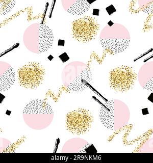 Nahtloses Vektormuster mit runden gepunkteten Kreisen, goldenen und pinselbemalten Elementen. Angesagter hintergrund in memphis. Stock Vektor